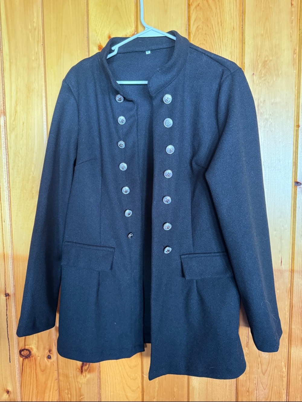 Womens Black Double-Breasted Military-Style Coat